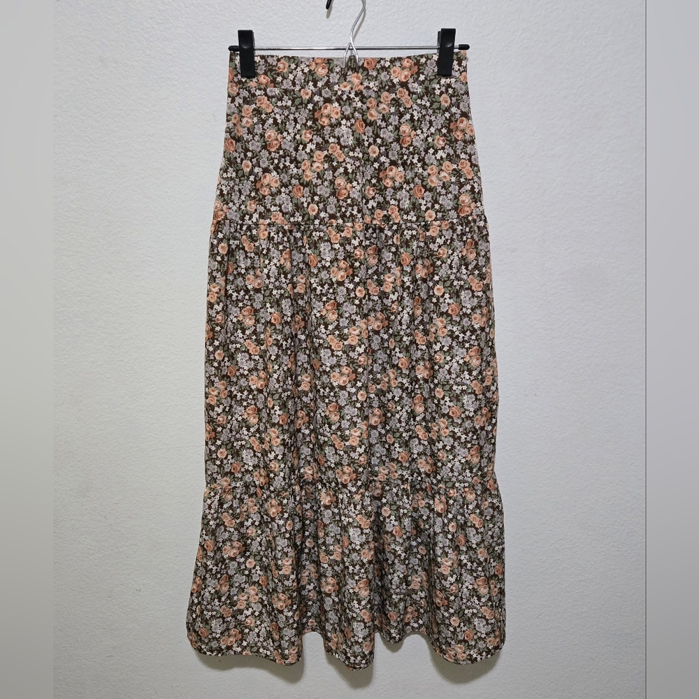 MVN The Label Brown Floral Tiered Skirt Boho Cottagecore Womens Size 6 maxi